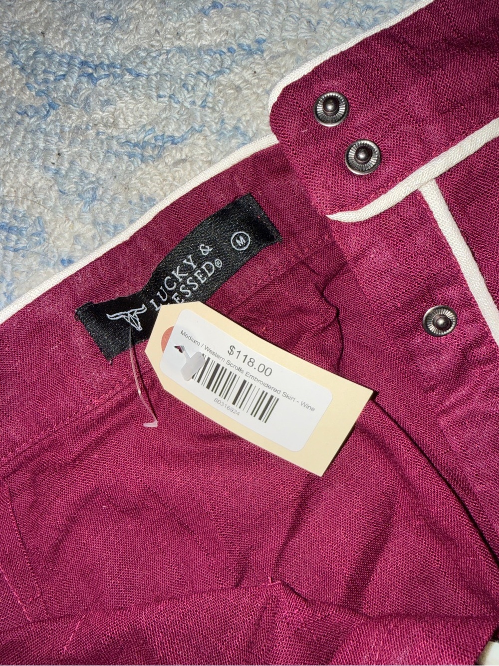 Lucky & Blessed Burgundy Maxi Skirt with Cream Embroidery - Picture 2 of 4